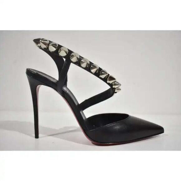 Christian Louboutin Spikita Pump 100 Black Silver Spike Strappy Sandal Heel 39 - Picture 2 of 12